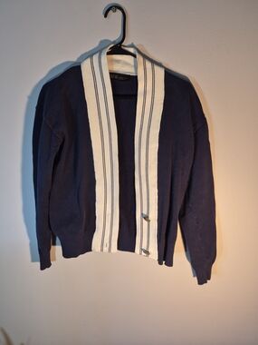 Men's Navy Blue Cardigan Sweater with Cream Trim